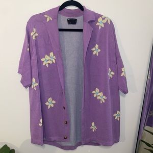 ASOS DESIGN knit oversized button up polo in purple floral